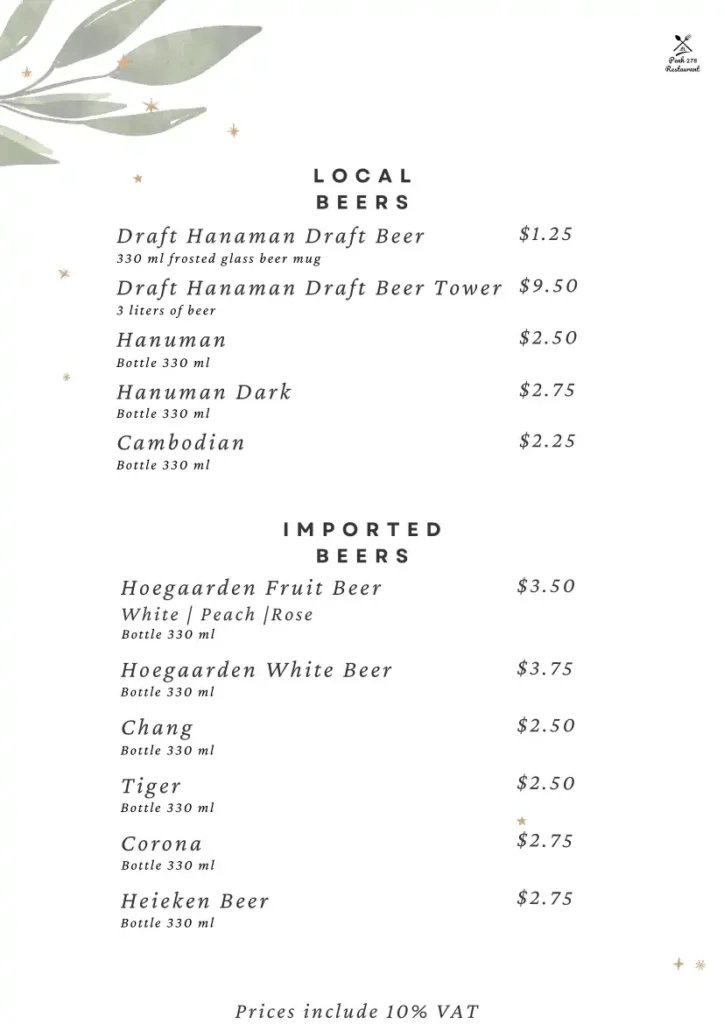 Beer Menu for bar