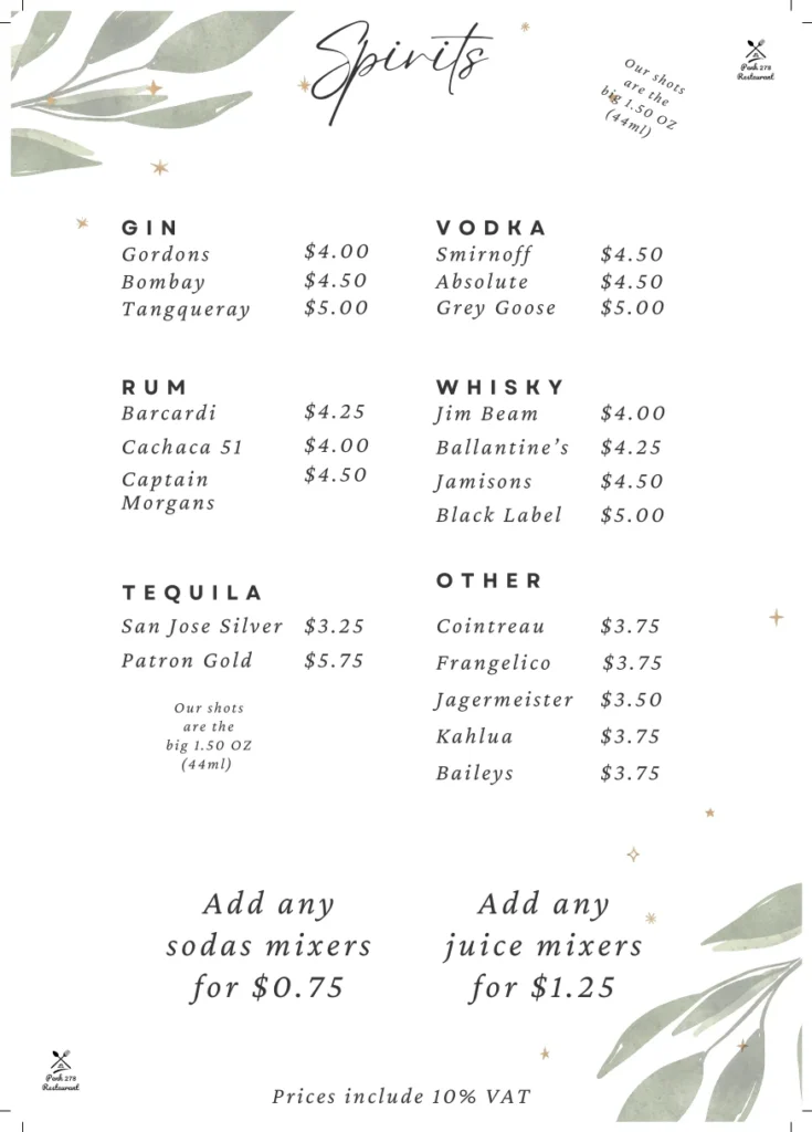 Spirits menu